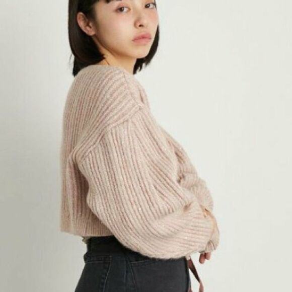 Lily Brown Pink Sparkle Cropped Ribbed Knit Cardigan - Picture 6 of 11